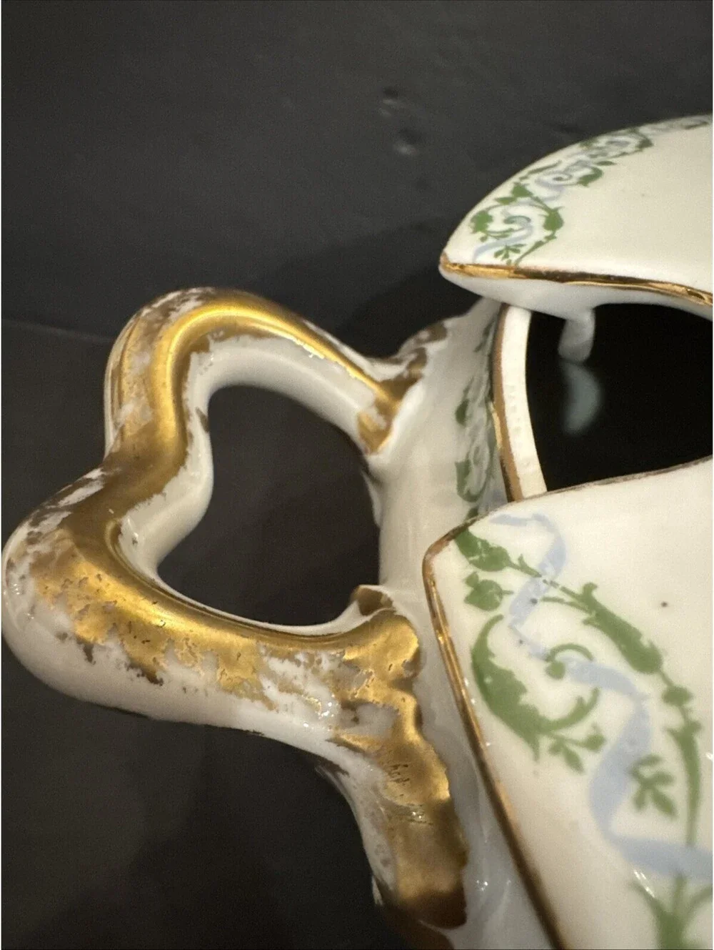 Wm Guerin & Co Limoges Covered Serving Bowl Tureen W Lid Green Blue  Swirl Gold